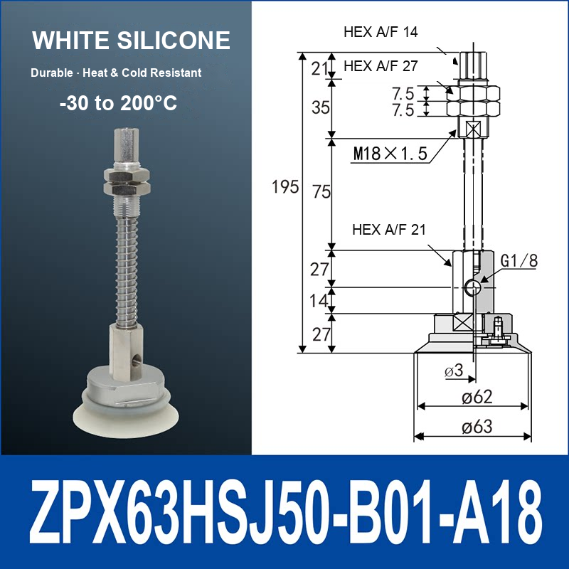 ZPX63HSJ50-B01-A18 heavy-duty single-layer vacuum cup with spring buffer mount, 63 mm diameter, 50 mm stroke, white silicone, with product view and dimensional drawing