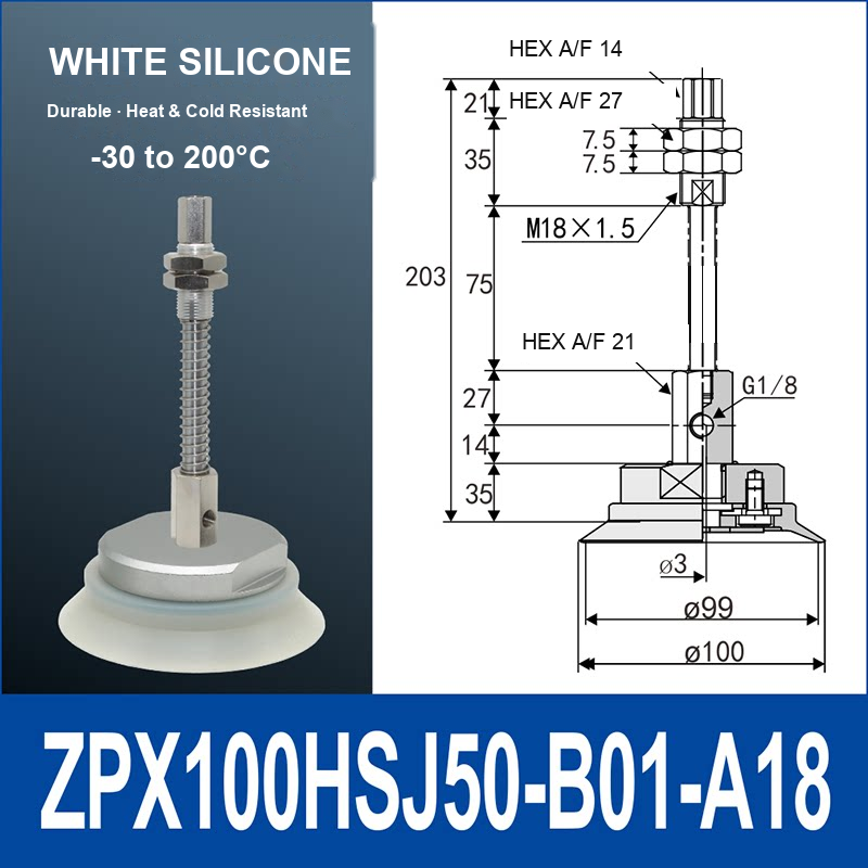 ZPX100HSJ50-B01-A18 heavy-duty single-layer vacuum cup with spring buffer mount, 100 mm diameter, 50 mm stroke, white silicone, with product view and dimensional drawing