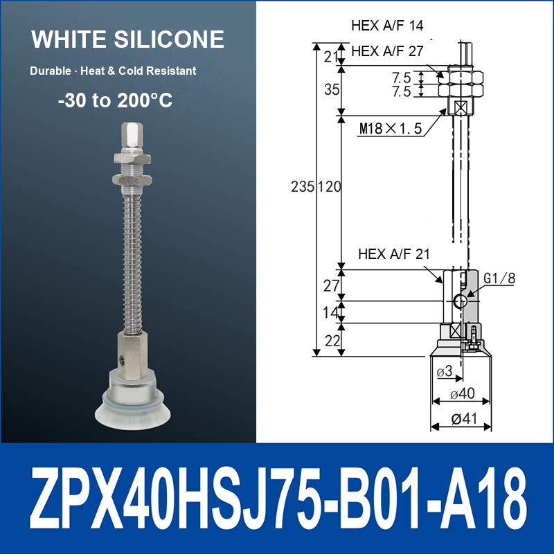 ZPX40HSJ75-B01-A18 heavy-duty single-layer vacuum cup with spring buffer mount, 40 mm diameter, 75 mm stroke, white silicone, with product view and dimensional drawing