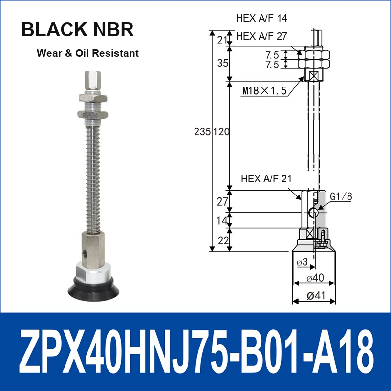 ZPX40HNJ75-B01-A18 heavy-duty single-layer vacuum cup with spring buffer mount, 40 mm diameter, 75 mm stroke, black nbr, with product view and dimensional drawing