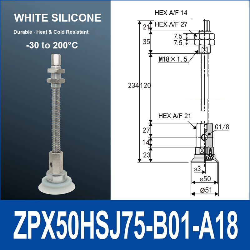 ZPX50HSJ75-B01-A18 heavy-duty single-layer vacuum cup with spring buffer mount, 50 mm diameter, 75 mm stroke, white silicone, with product view and dimensional drawing