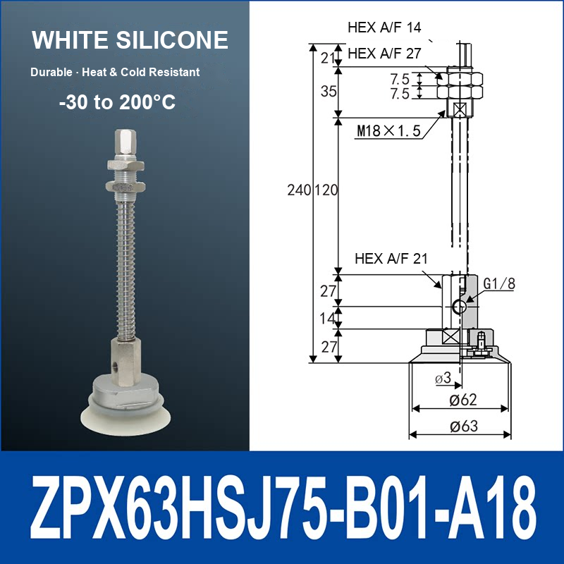 ZPX63HSJ75-B01-A18 heavy-duty single-layer vacuum cup with spring buffer mount, 63 mm diameter, 75 mm stroke, white silicone, with product view and dimensional drawing