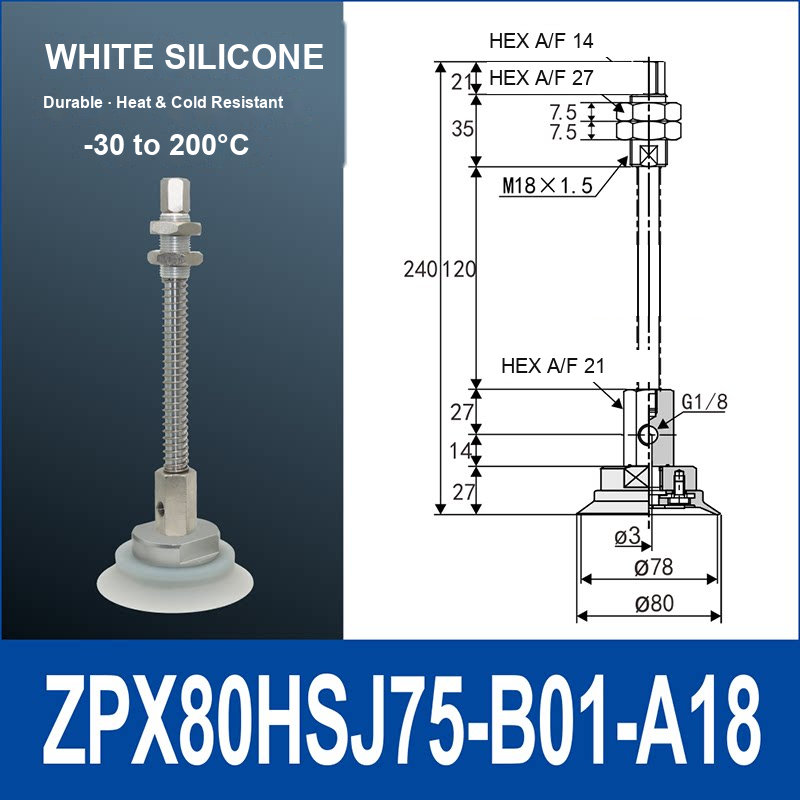 ZPX80HSJ75-B01-A18 heavy-duty single-layer vacuum cup with spring buffer mount, 80 mm diameter, 75 mm stroke, white silicone, with product view and dimensional drawing