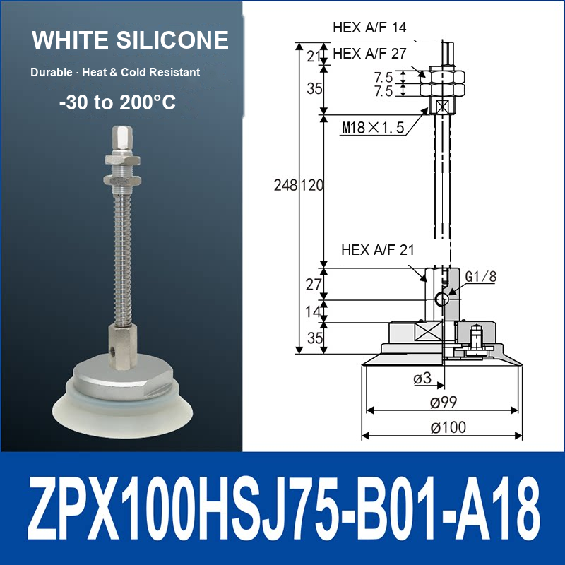 ZPX100HSJ75-B01-A18 heavy-duty single-layer vacuum cup with spring buffer mount, 100 mm diameter, 75 mm stroke, white silicone, with product view and dimensional drawing