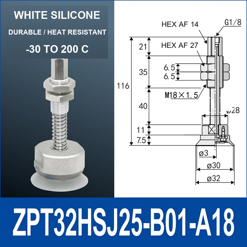 ZPT32HSJ25-B01-A18 heavy-duty vacuum cup holder, 32 mm silicone rubber cup, 25 mm stroke, G1/8 and M18 x 1.5 callouts, with technical dimensions