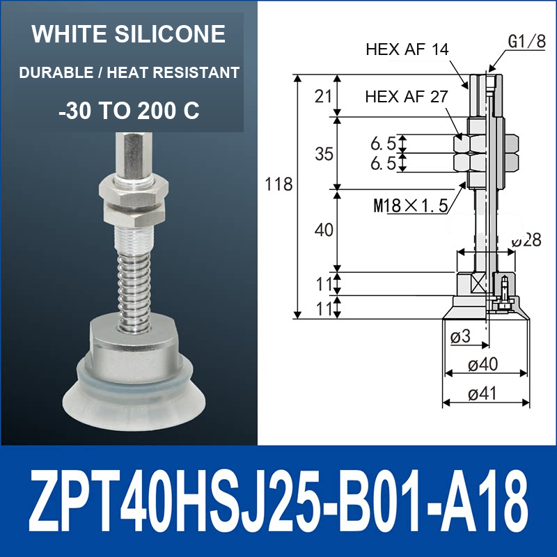ZPT40HSJ25-B01-A18 heavy-duty vacuum cup holder, 40 mm silicone rubber cup, 25 mm stroke, G1/8 and M18 x 1.5 callouts, with technical dimensions