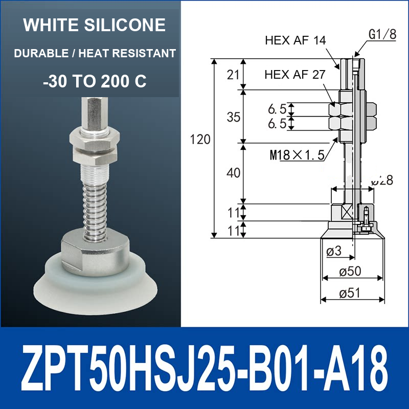 ZPT50HSJ25-B01-A18 heavy-duty vacuum cup holder, 50 mm silicone rubber cup, 25 mm stroke, G1/8 and M18 x 1.5 callouts, with technical dimensions