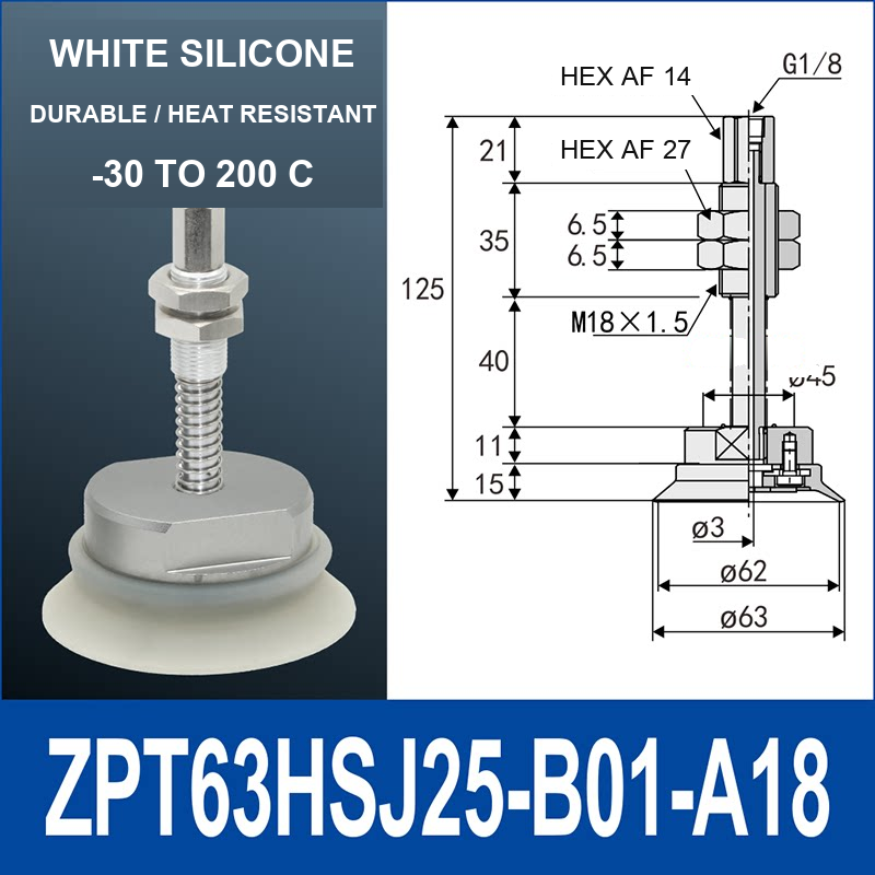 ZPT63HSJ25-B01-A18 heavy-duty vacuum cup holder, 63 mm silicone rubber cup, 25 mm stroke, G1/8 and M18 x 1.5 callouts, with technical dimensions