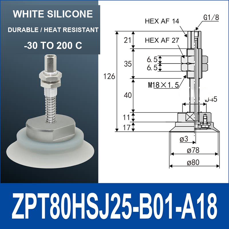 ZPT80HSJ25-B01-A18 heavy-duty vacuum cup holder, 80 mm silicone rubber cup, 25 mm stroke, G1/8 and M18 x 1.5 callouts, with technical dimensions