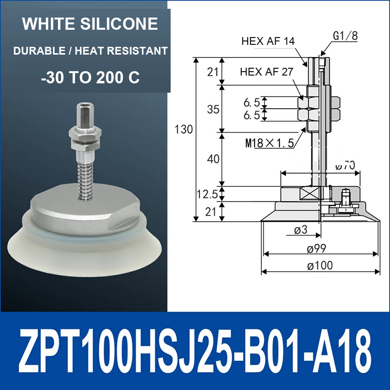 ZPT100HSJ25-B01-A18 heavy-duty vacuum cup holder, 100 mm silicone rubber cup, 25 mm stroke, G1/8 and M18 x 1.5 callouts, with technical dimensions