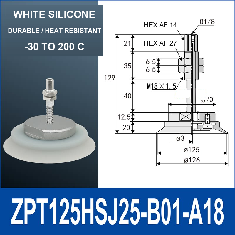 ZPT125HSJ25-B01-A18 heavy-duty vacuum cup holder, 125 mm silicone rubber cup, 25 mm stroke, G1/8 and M18 x 1.5 callouts, with technical dimensions