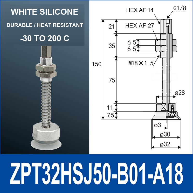 ZPT32HSJ50-B01-A18 heavy-duty vacuum cup holder, 32 mm silicone rubber cup, 50 mm stroke, G1/8 and M18 x 1.5 callouts, with technical dimensions