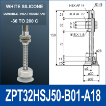 ZPT32HSJ50-B01-A18 heavy-duty vacuum cup holder, 32 mm silicone rubber cup, 50 mm stroke, G1/8 and M18 x 1.5 callouts, with technical dimensions