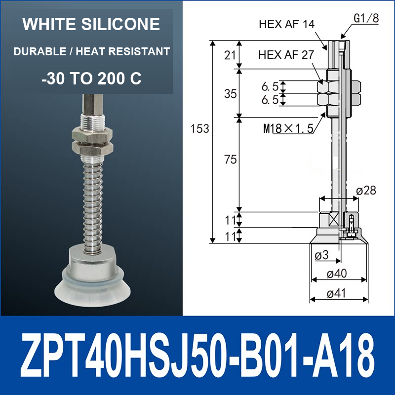 ZPT40HSJ50-B01-A18 heavy-duty vacuum cup holder, 40 mm silicone rubber cup, 50 mm stroke, G1/8 and M18 x 1.5 callouts, with technical dimensions