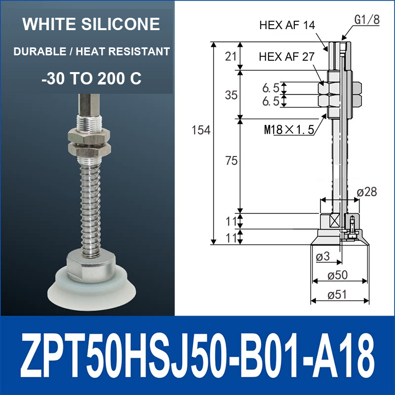 ZPT50HSJ50-B01-A18 heavy-duty vacuum cup holder, 50 mm silicone rubber cup, 50 mm stroke, G1/8 and M18 x 1.5 callouts, with technical dimensions