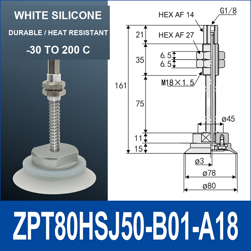 ZPT80HSJ50-B01-A18 heavy-duty vacuum cup holder, 80 mm silicone rubber cup, 50 mm stroke, G1/8 and M18 x 1.5 callouts, with technical dimensions