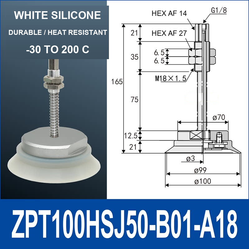 ZPT100HSJ50-B01-A18 heavy-duty vacuum cup holder, 100 mm silicone rubber cup, 50 mm stroke, G1/8 and M18 x 1.5 callouts, with technical dimensions