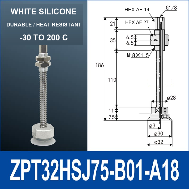 ZPT32HSJ75-B01-A18 heavy-duty vacuum cup holder, 32 mm silicone rubber cup, 75 mm stroke, G1/8 and M18 x 1.5 callouts, with technical dimensions