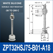 ZPT32HSJ75-B01-A18 heavy-duty vacuum cup holder, 32 mm silicone rubber cup, 75 mm stroke, G1/8 and M18 x 1.5 callouts, with technical dimensions