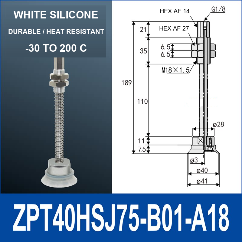 ZPT40HSJ75-B01-A18 heavy-duty vacuum cup holder, 40 mm silicone rubber cup, 75 mm stroke, G1/8 and M18 x 1.5 callouts, with technical dimensions
