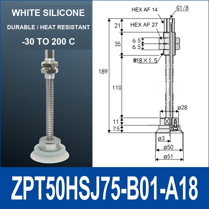 ZPT50HSJ75-B01-A18 heavy-duty vacuum cup holder, 50 mm silicone rubber cup, 75 mm stroke, G1/8 and M18 x 1.5 callouts, with technical dimensions