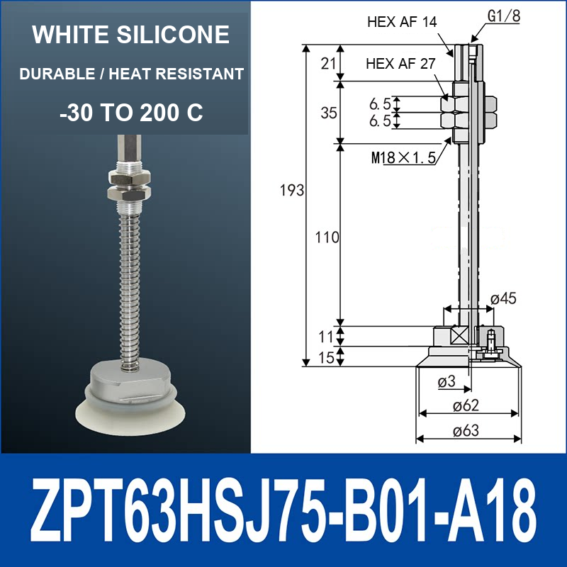 ZPT63HSJ75-B01-A18 heavy-duty vacuum cup holder, 63 mm silicone rubber cup, 75 mm stroke, G1/8 and M18 x 1.5 callouts, with technical dimensions
