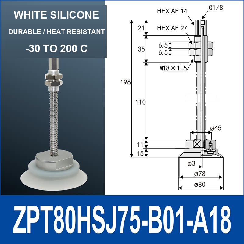 ZPT80HSJ75-B01-A18 heavy-duty vacuum cup holder, 80 mm silicone rubber cup, 75 mm stroke, G1/8 and M18 x 1.5 callouts, with technical dimensions