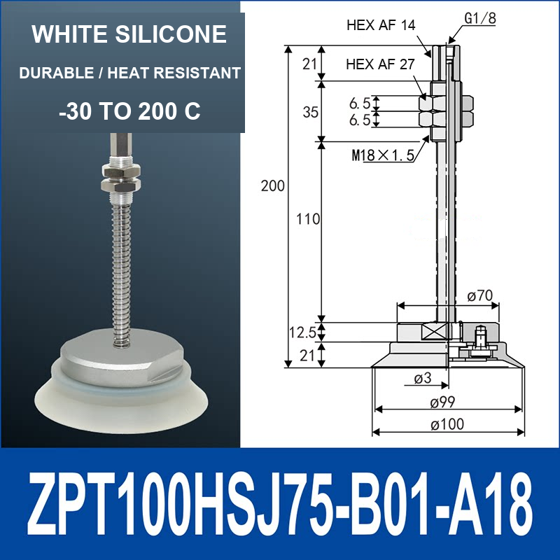 ZPT100HSJ75-B01-A18 heavy-duty vacuum cup holder, 100 mm silicone rubber cup, 75 mm stroke, G1/8 and M18 x 1.5 callouts, with technical dimensions