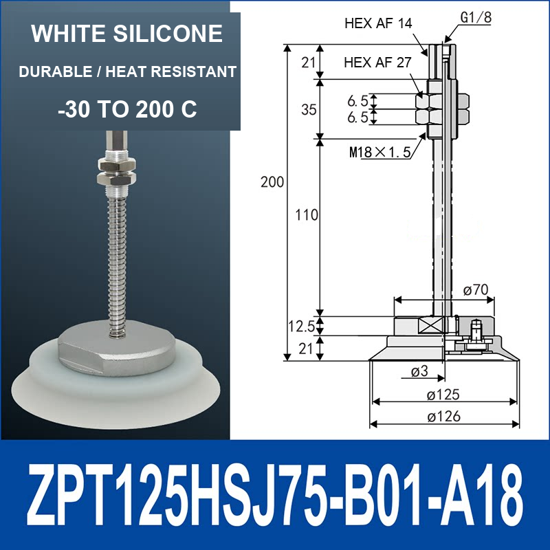ZPT125HSJ75-B01-A18 heavy-duty vacuum cup holder, 125 mm silicone rubber cup, 75 mm stroke, G1/8 and M18 x 1.5 callouts, with technical dimensions