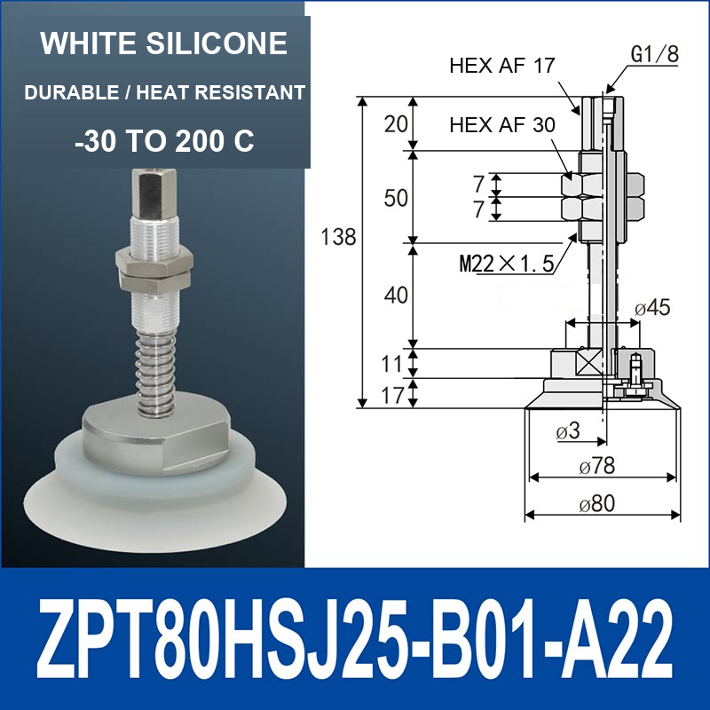 ZPT80HSJ25-B01-A22 heavy-duty vacuum cup holder, 80 mm silicone rubber cup, 25 mm stroke, G1/8 and M22 x 1.5 callouts, with technical dimensions