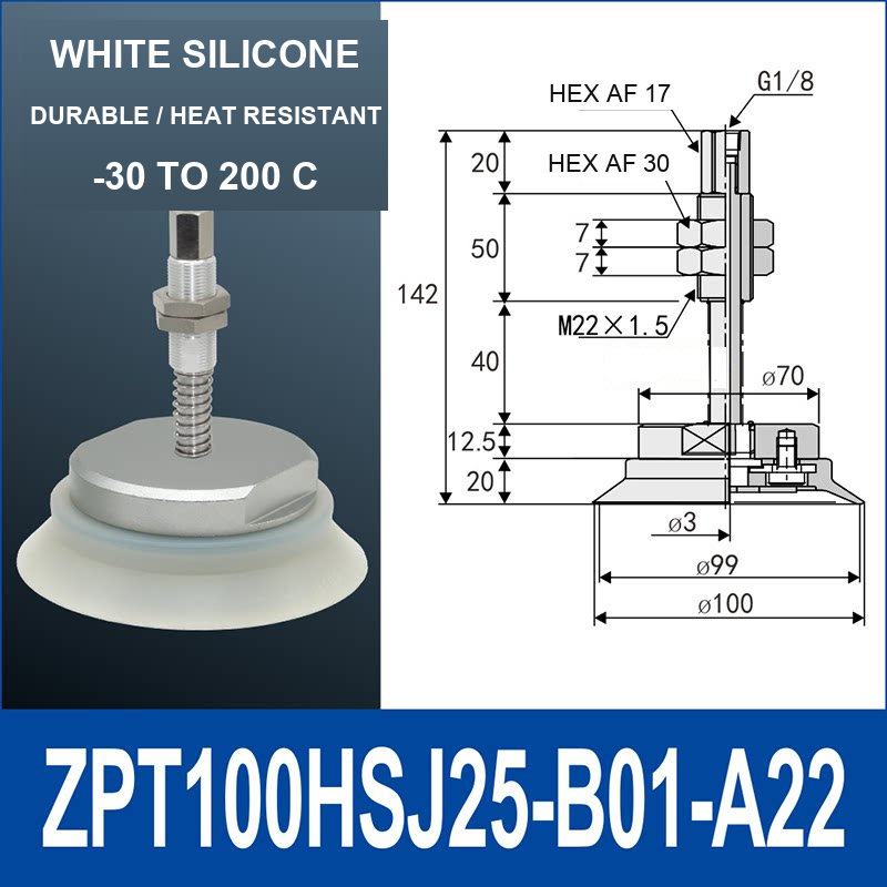 ZPT100HSJ25-B01-A22 heavy-duty vacuum cup holder, 100 mm silicone rubber cup, 25 mm stroke, G1/8 and M22 x 1.5 callouts, with technical dimensions