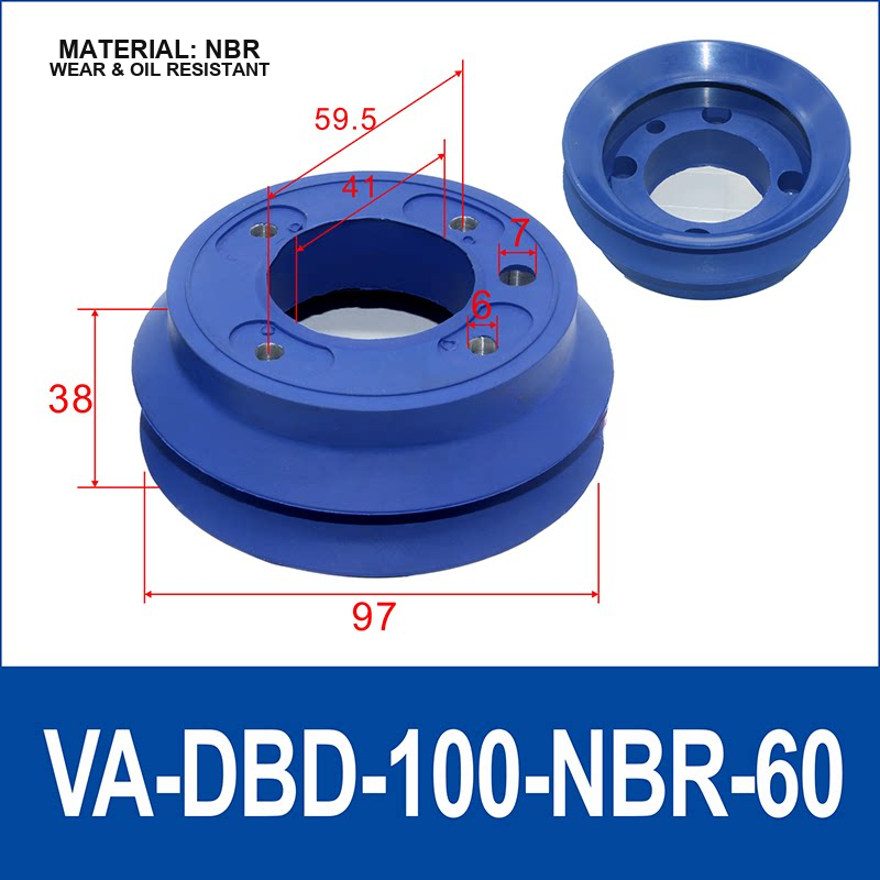 VA-DBD-100-NBR-60 NBR vacuum cup, standard configuration, with product view and dimensional drawing