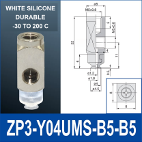 ZP3-Y04UMS-B5-B5 side-port mini vacuum cup assembly, 4 mm pad, white silicone, B5/B5 top and side M5 x 0.8 female connections, with technical dimensions