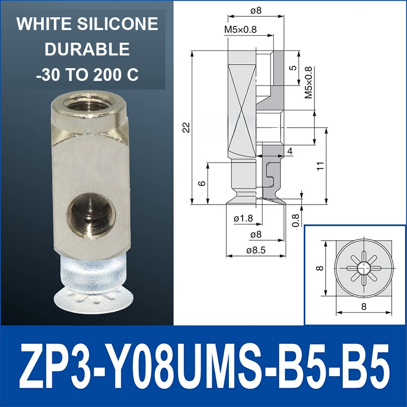 ZP3-Y08UMS-B5-B5 side-port mini vacuum cup assembly, 8 mm pad, white silicone, B5/B5 top and side M5 x 0.8 female connections, with technical dimensions