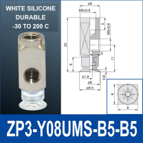 ZP3-Y08UMS-B5-B5 side-port mini vacuum cup assembly, 8 mm pad, white silicone, B5/B5 top and side M5 x 0.8 female connections, with technical dimensions
