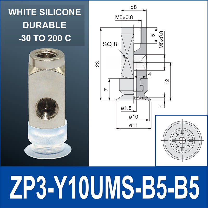 ZP3-Y10UMS-B5-B5 side-port mini vacuum cup assembly, 10 mm pad, white silicone, B5/B5 top and side M5 x 0.8 female connections, with technical dimensions