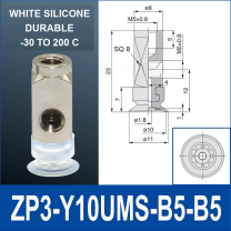 ZP3-Y10UMS-B5-B5 side-port mini vacuum cup assembly, 10 mm pad, white silicone, B5/B5 top and side M5 x 0.8 female connections, with technical dimensions