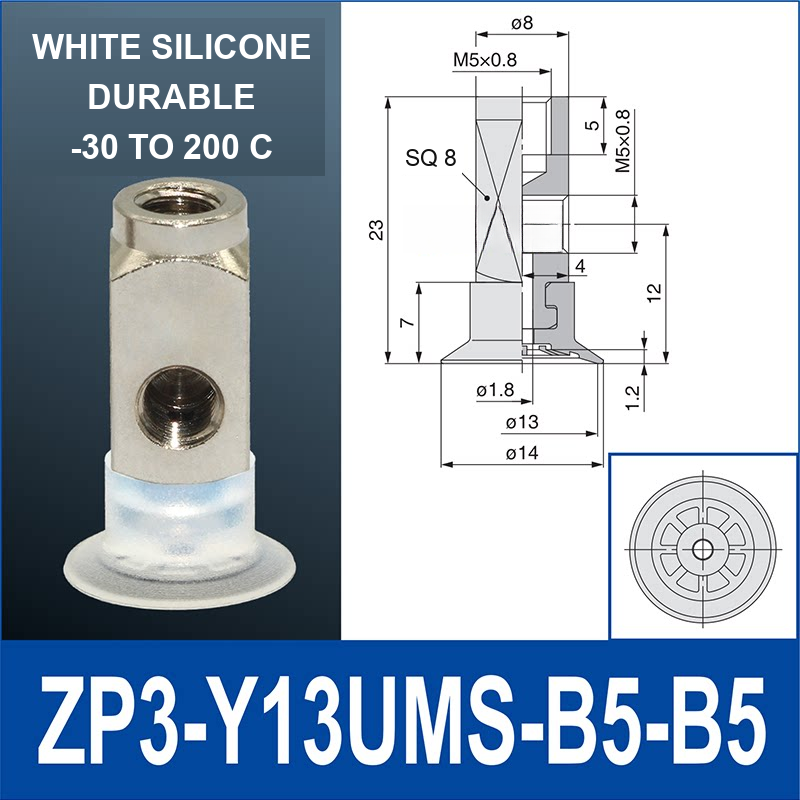 ZP3-Y13UMS-B5-B5 side-port mini vacuum cup assembly, 13 mm pad, white silicone, B5/B5 top and side M5 x 0.8 female connections, with technical dimensions
