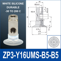 ZP3-Y16UMS-B5-B5 side-port mini vacuum cup assembly, 16 mm pad, white silicone, B5/B5 top and side M5 x 0.8 female connections, with technical dimensions