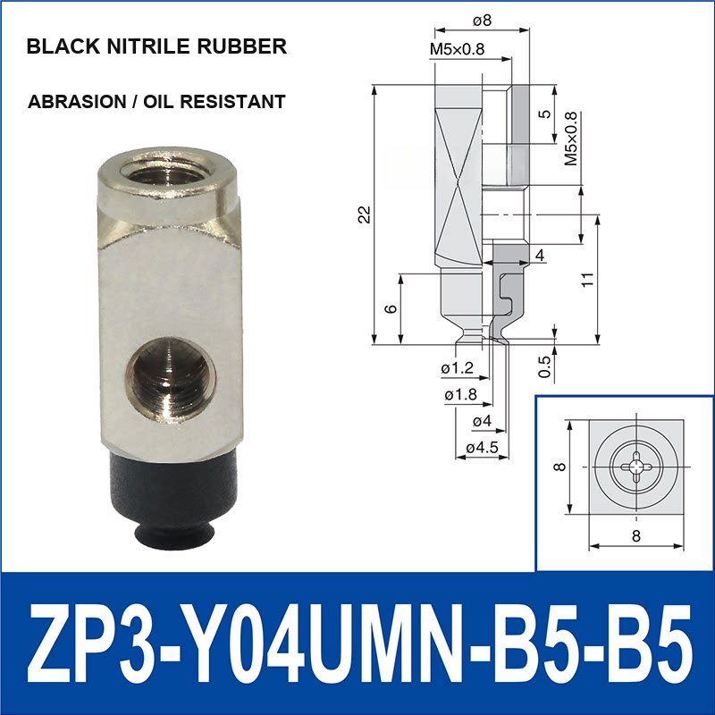 ZP3-Y04UMN-B5-B5 side-port mini vacuum cup assembly, 4 mm pad, black nitrile rubber, B5/B5 top and side M5 x 0.8 female connections, with technical dimensions