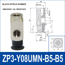 ZP3-Y08UMN-B5-B5 side-port mini vacuum cup assembly, 8 mm pad, black nitrile rubber, B5/B5 top and side M5 x 0.8 female connections, with technical dimensions