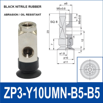 ZP3-Y10UMN-B5-B5 side-port mini vacuum cup assembly, 10 mm pad, black nitrile rubber, B5/B5 top and side M5 x 0.8 female connections, with technical dimensions