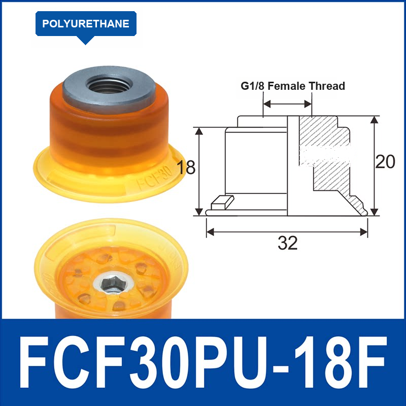 FCF30PU-18F polyurethane vacuum suction cup with fitting and technical dimensions