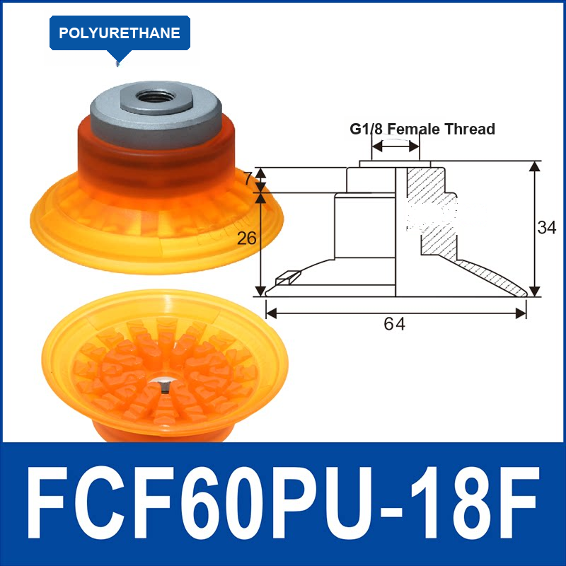 FCF60PU-18F polyurethane vacuum suction cup with fitting and technical dimensions