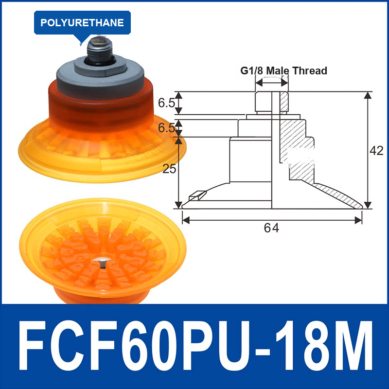 FCF60PU-18M polyurethane vacuum suction cup with fitting and technical dimensions