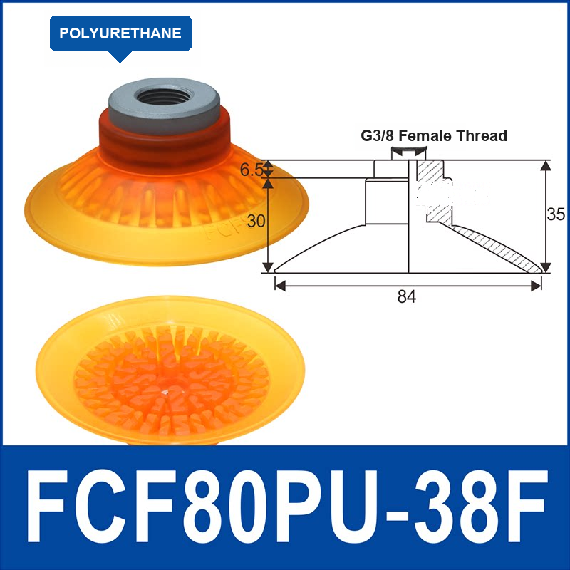 FCF80PU-38F polyurethane vacuum suction cup with fitting and technical dimensions