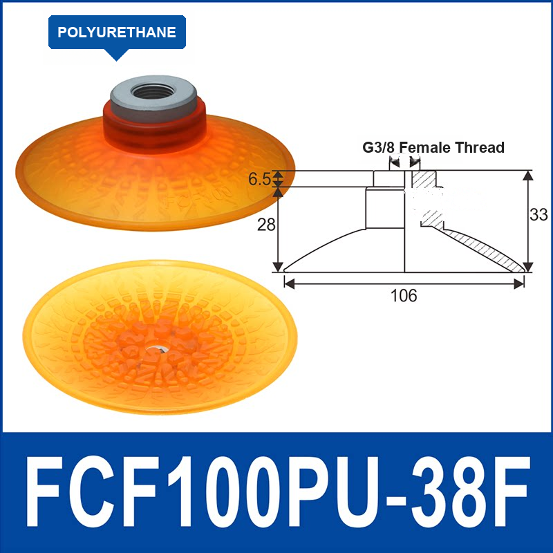 FCF100PU-38F polyurethane vacuum suction cup with fitting and technical dimensions