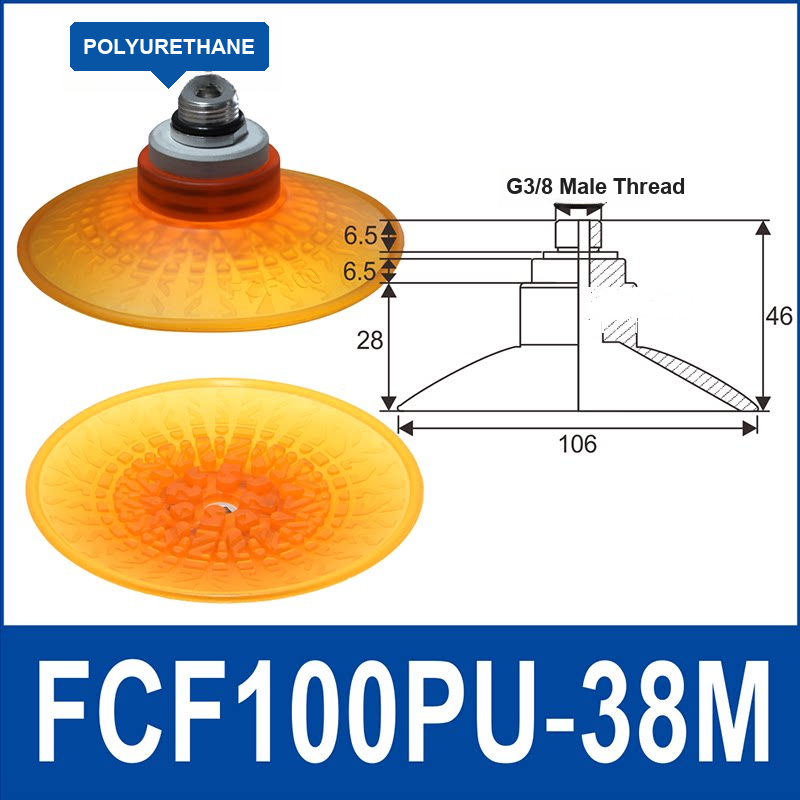 FCF100PU-38M polyurethane vacuum suction cup with fitting and technical dimensions