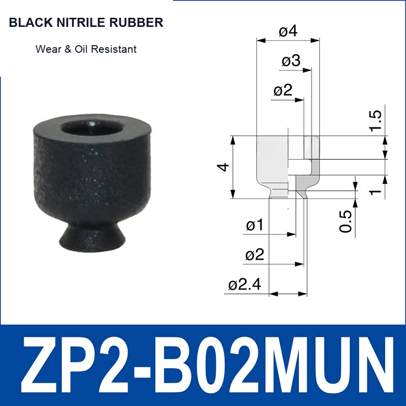 ZP2-B02MUN Black Nitrile Rubber mini vacuum suction cup and technical dimensions