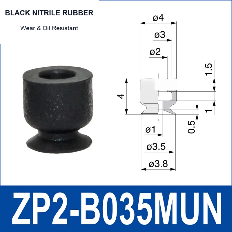 ZP2-B035MUN Black Nitrile Rubber mini vacuum suction cup and technical dimensions